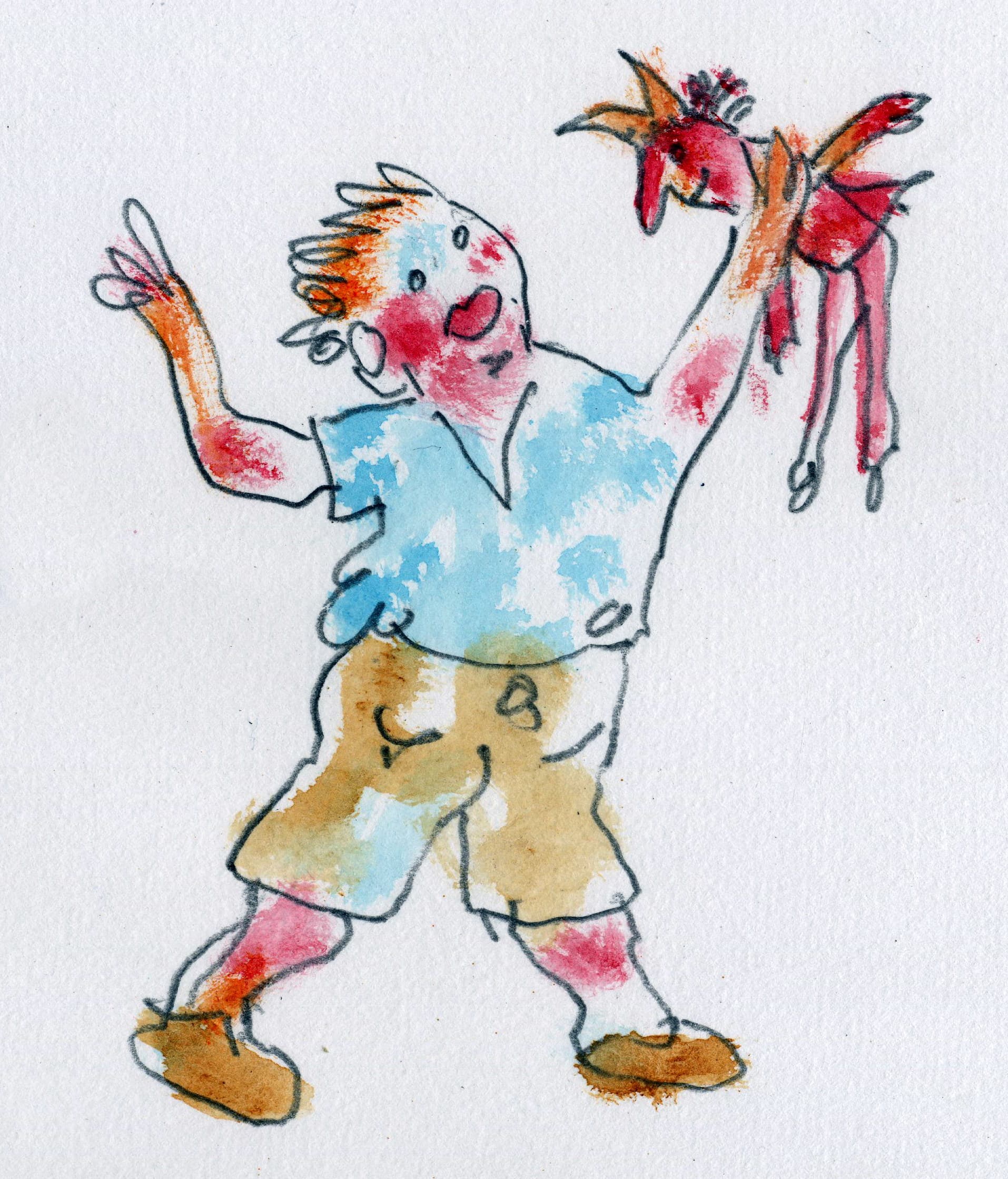 Gunter Langer, Karikatur Kinder, Junge mit Teufel Handpuppe, 2017, Gouache Wasserfarbe Bleistift, Karton